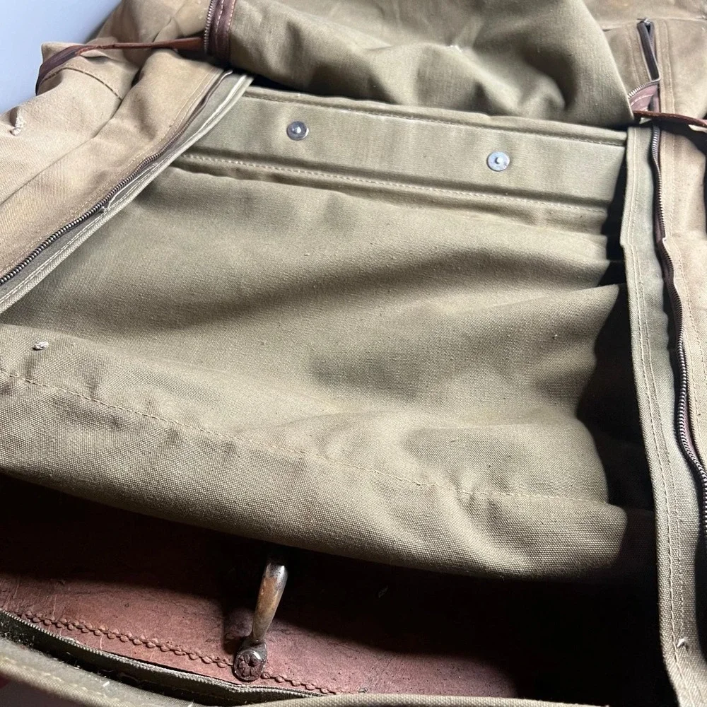 Vintage Military Canvas Garment Bag Khaki Travel Suitcase Leather Distressed